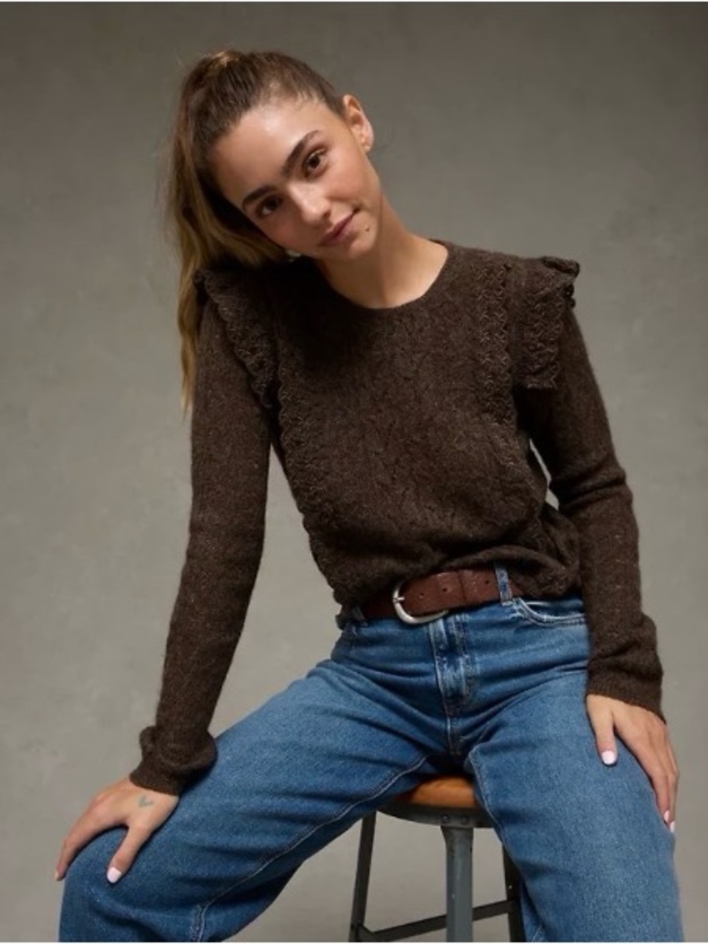American Eagle Soft Brown Lace Ruffle Cable Knit Sweater Women's Size XL